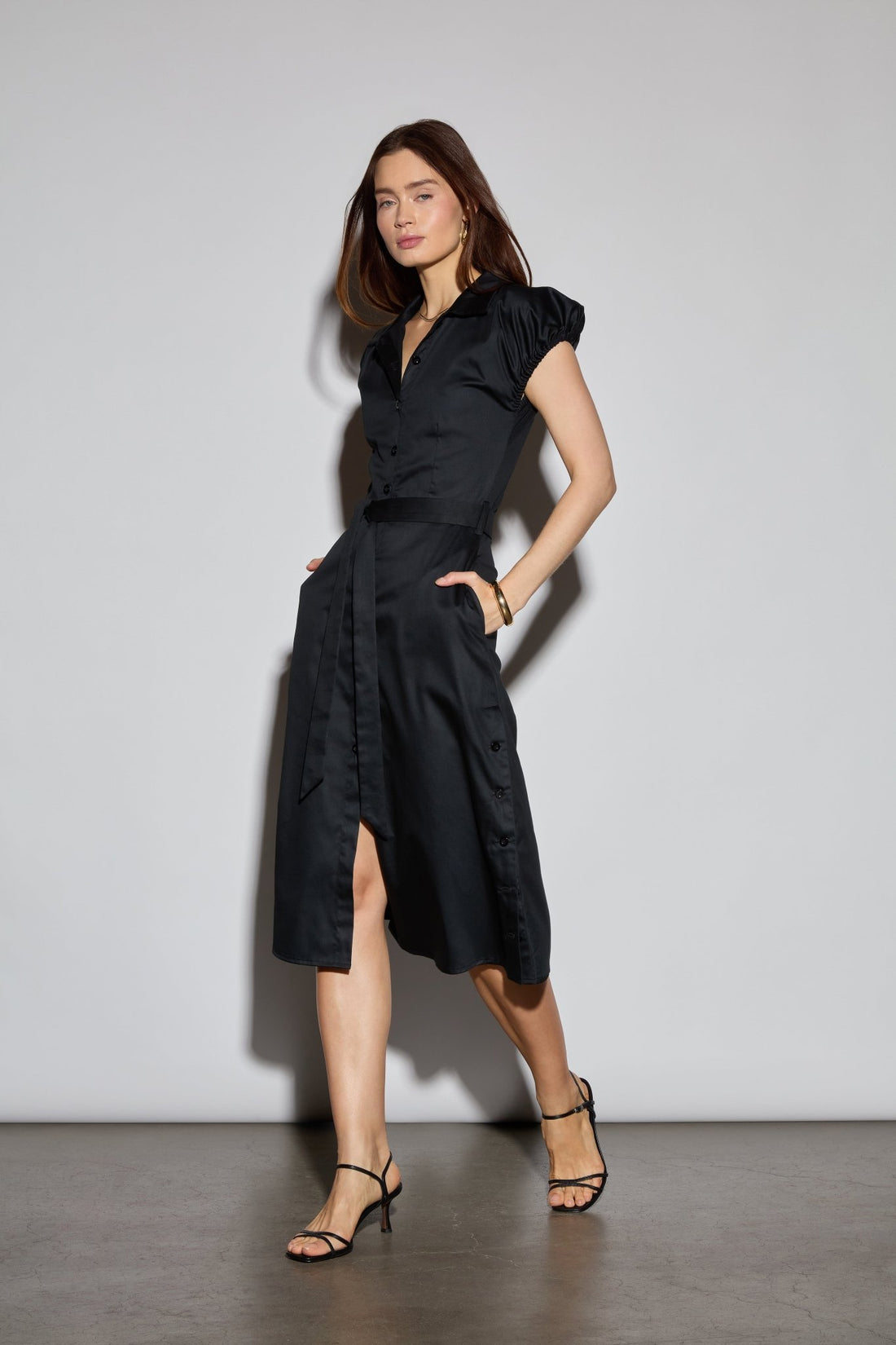 Balloon Sleeve Midi Shirt Dress Black / Medium Balloon Sleeve Midi Shirt Dress Black / Medium