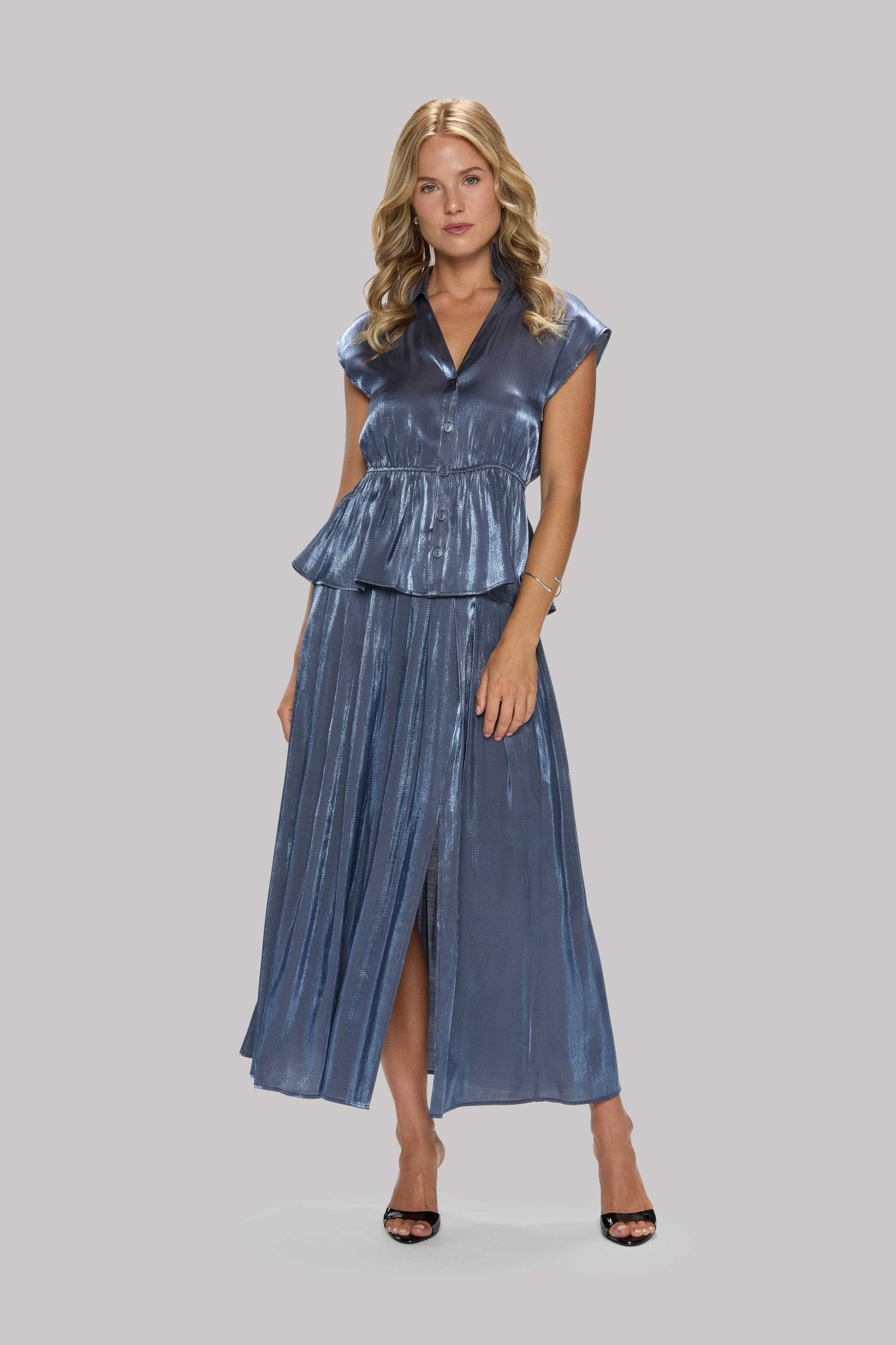 Cap Sleeve Satin Peplum Blouse