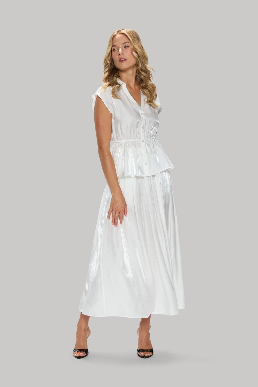 Cap Sleeve Satin Peplum Blouse - Jasmine Elaine