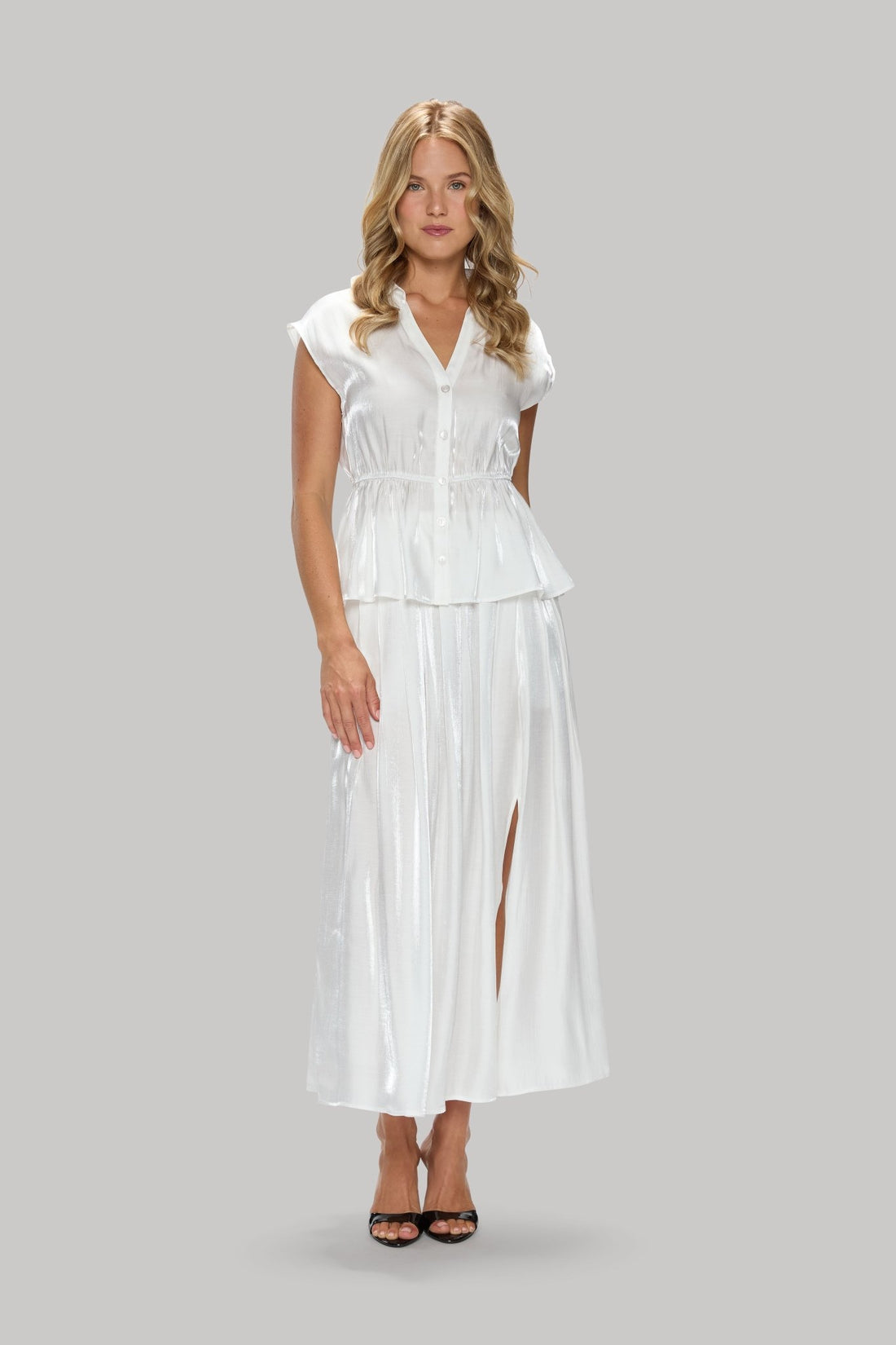 Cap Sleeve Satin Peplum Blouse - Jasmine Elaine