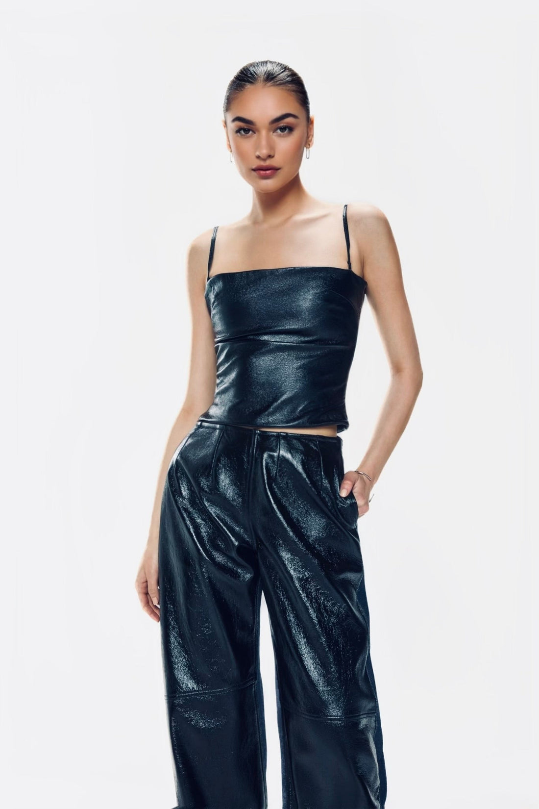 Foil Leather & Denim Barrel Pants - Jasmine Elaine