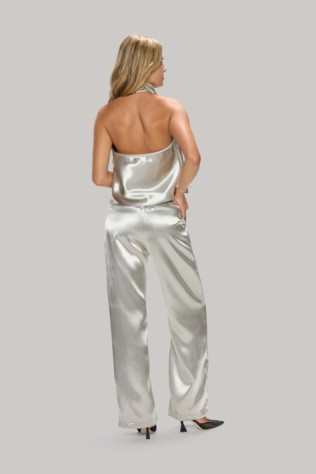 Metallic Twill Darted Welt Back Wide - Leg Pants - Jasmine Elaine